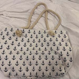 Nautical Anchor Print Canvas Tote Rope Handle Beach Bag